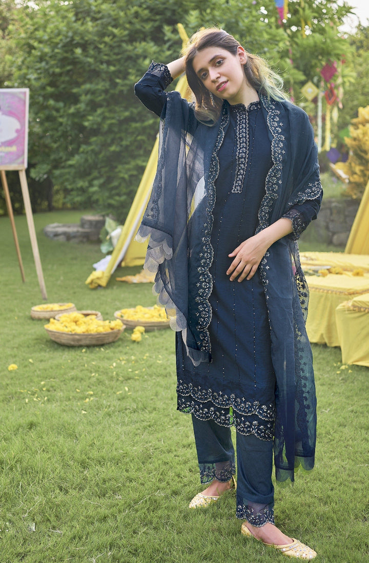 Berry Blue Embroidered and Sequins work with organza duppatta suit set