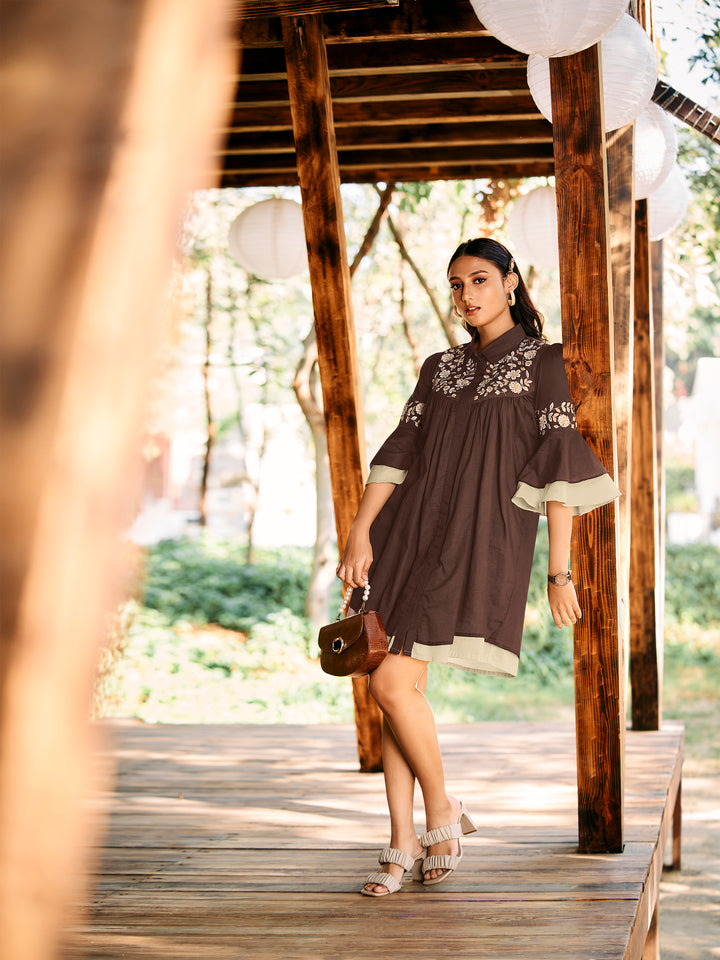 AISH BROWN LAYERED EMBROIDERED DRESS