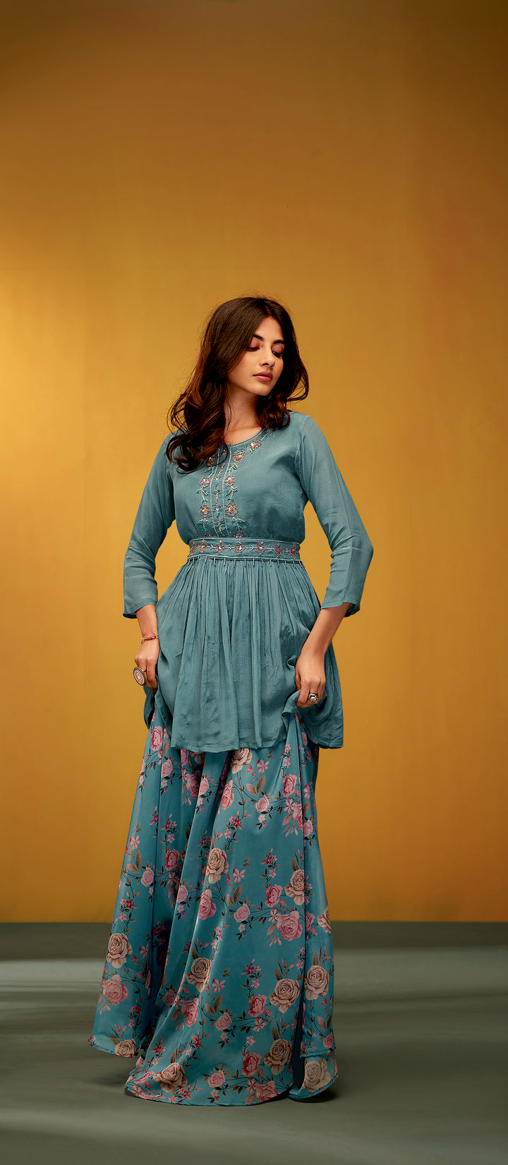 Alaya Powder Blue Full Work Top & Floral Skirt Set