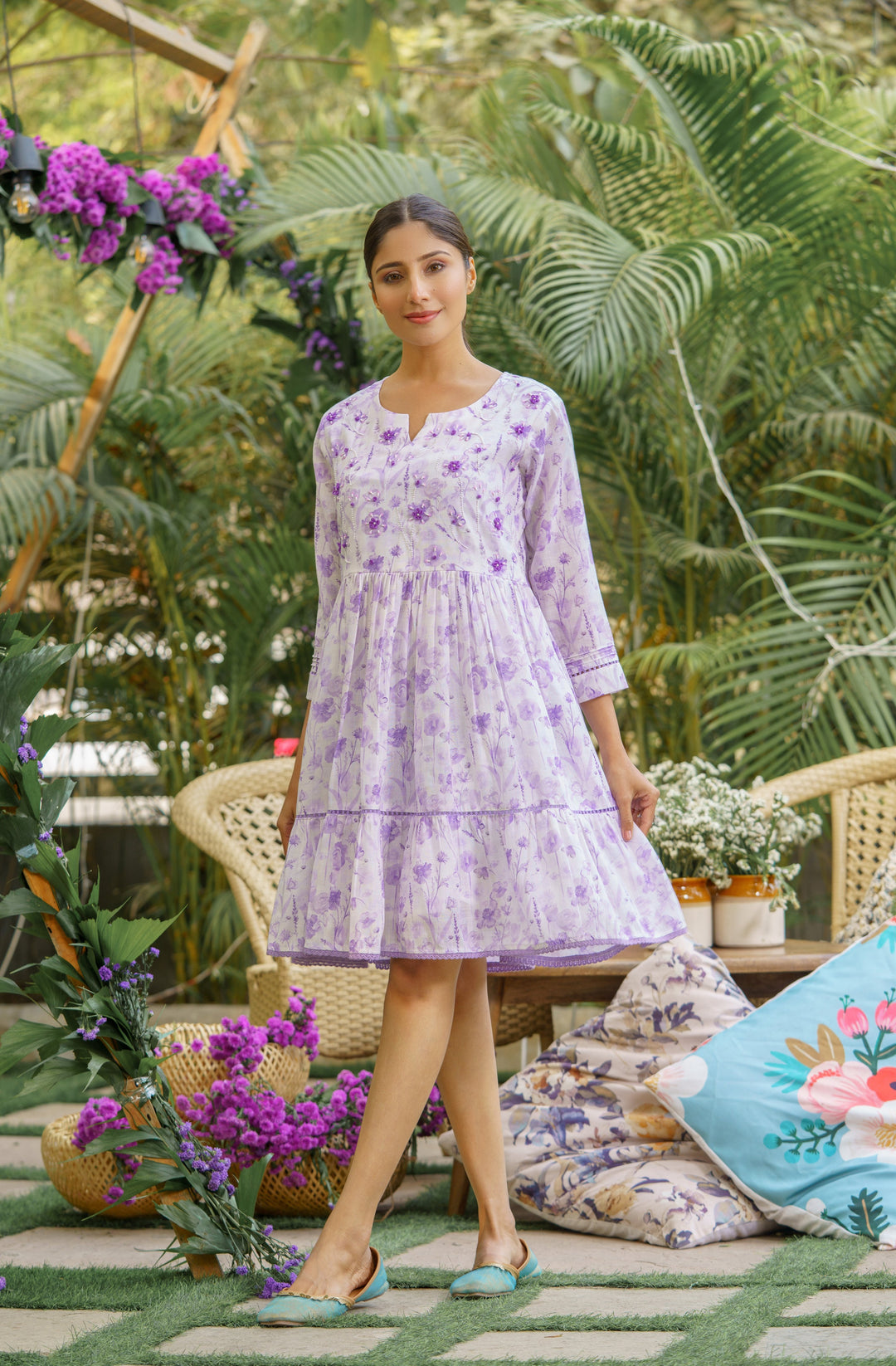 Sambal Purple Cotton Printed Dress