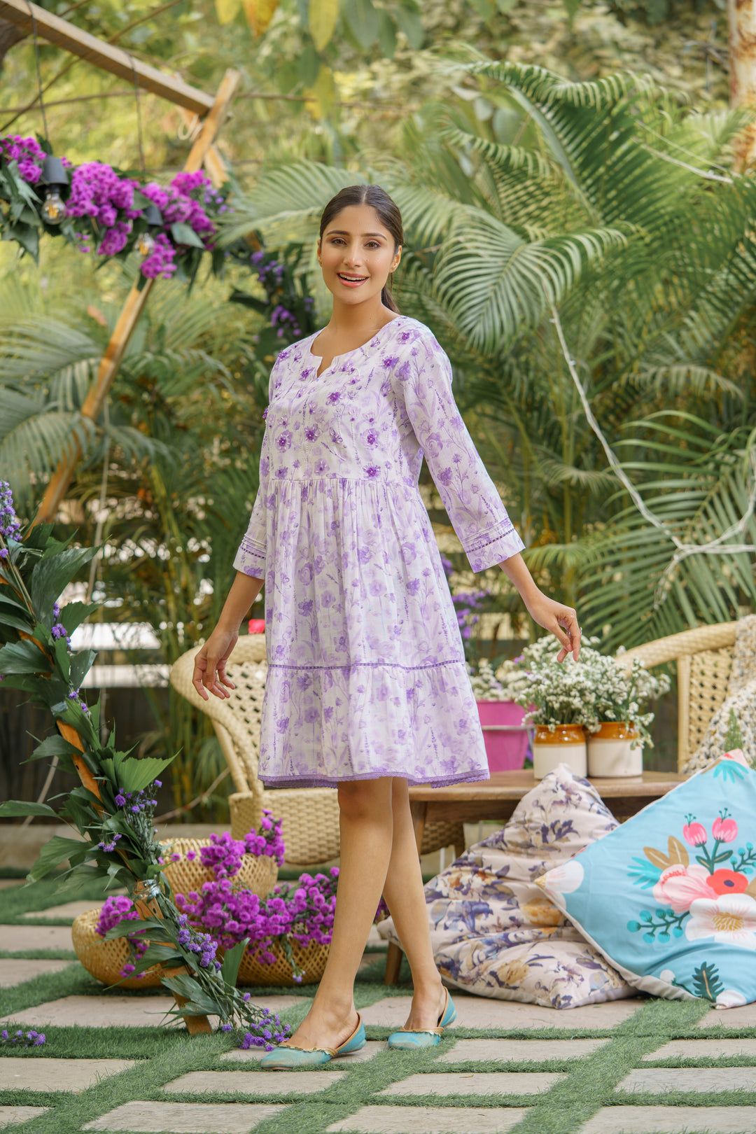 Sambal Purple Cotton Printed Dress