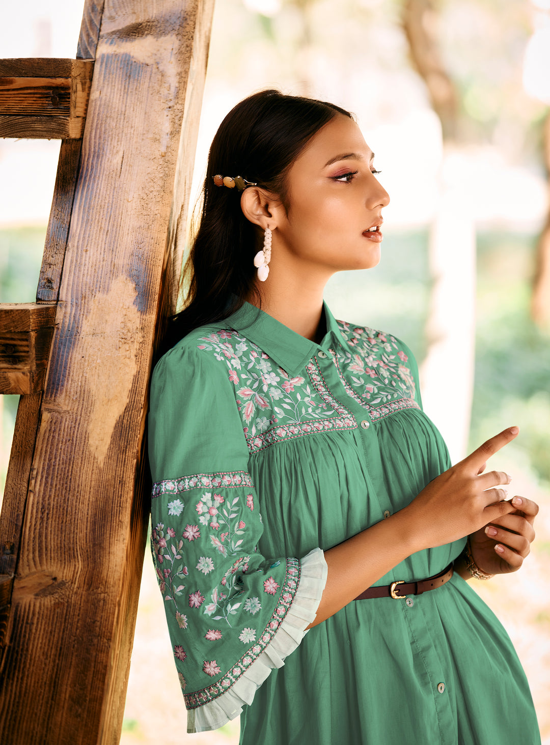 AISH GREEN LAYERED EMBROIDERED DRESS