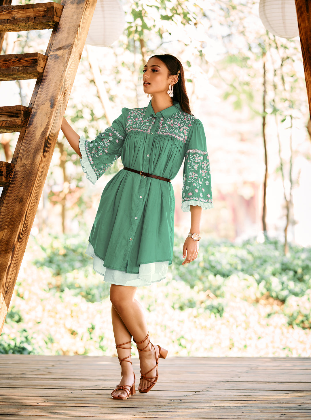 AISH GREEN LAYERED EMBROIDERED DRESS