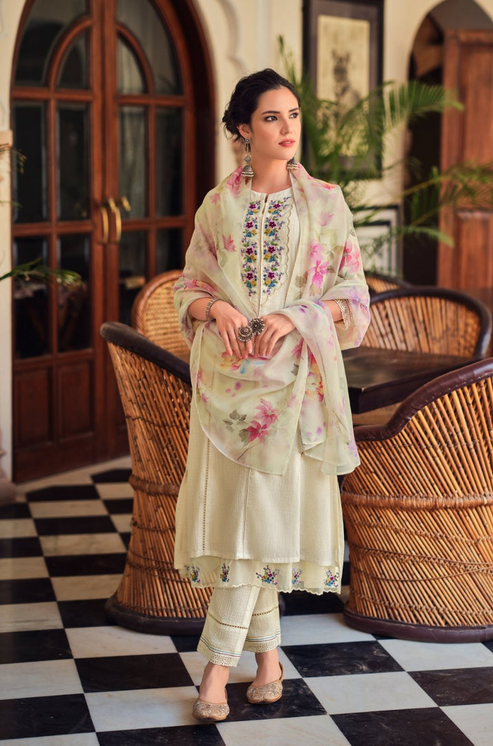 Shabnam Cream Full Work Suit Set with Floral Organza Dupatta