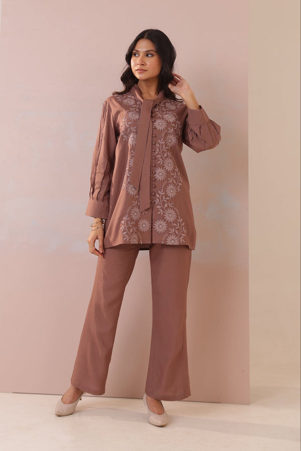 Purna Caramel Embroidered Cotton Co-ord Set