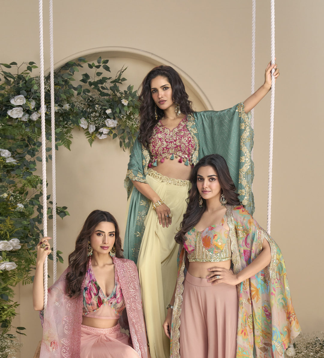 Amulya Salmon Fusion Wear Drape skirt Set