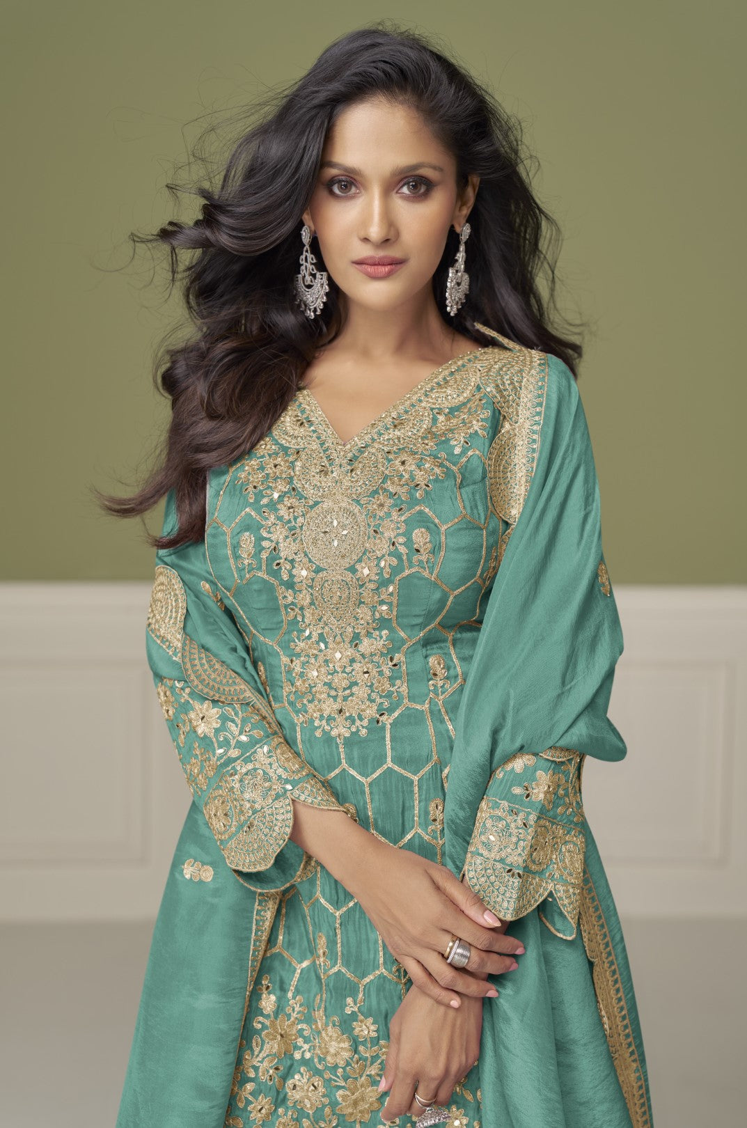 Imli Teal Full work gharara suit set