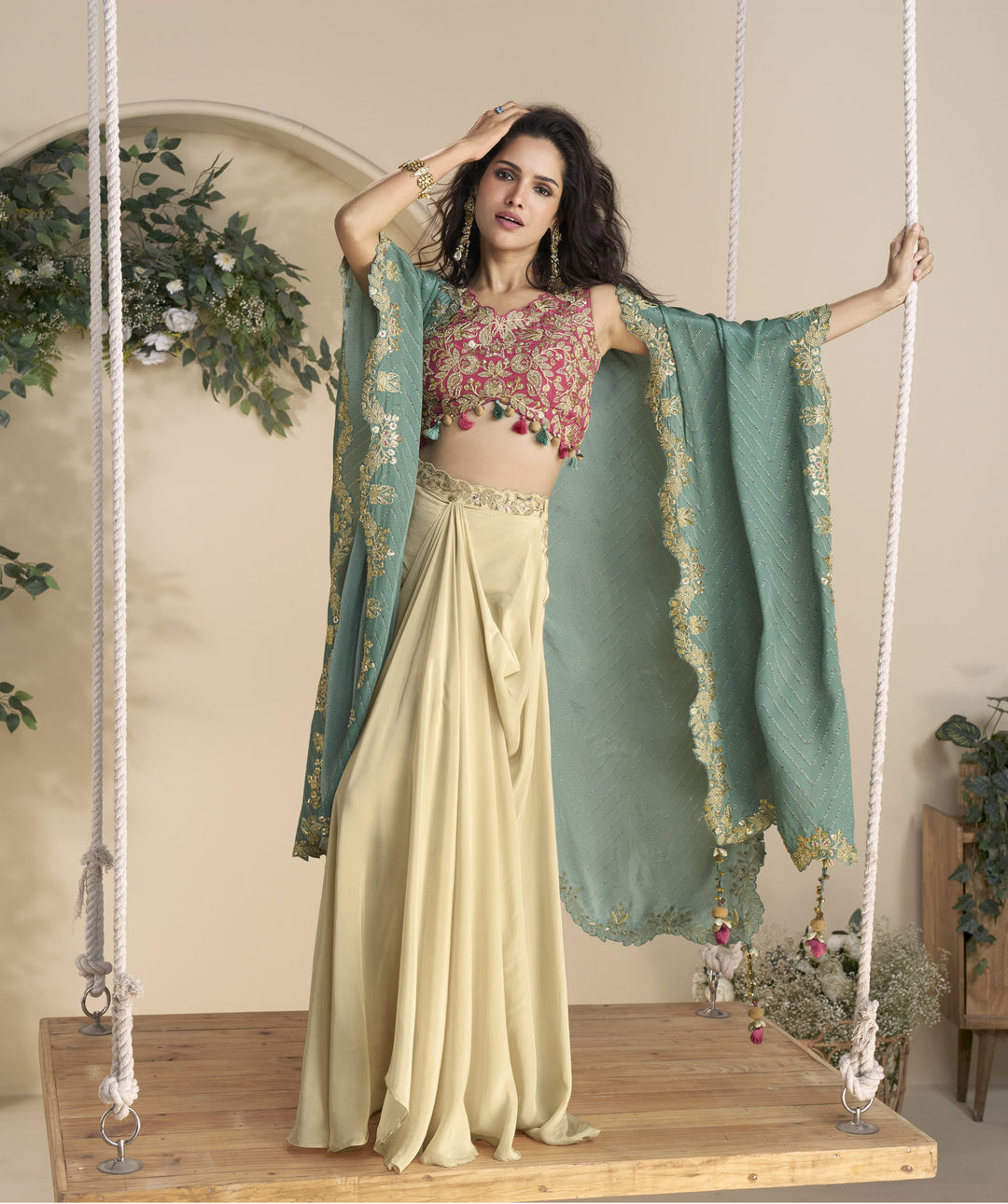 Amulya Sunshine Fusion Wear Drape skirt Set