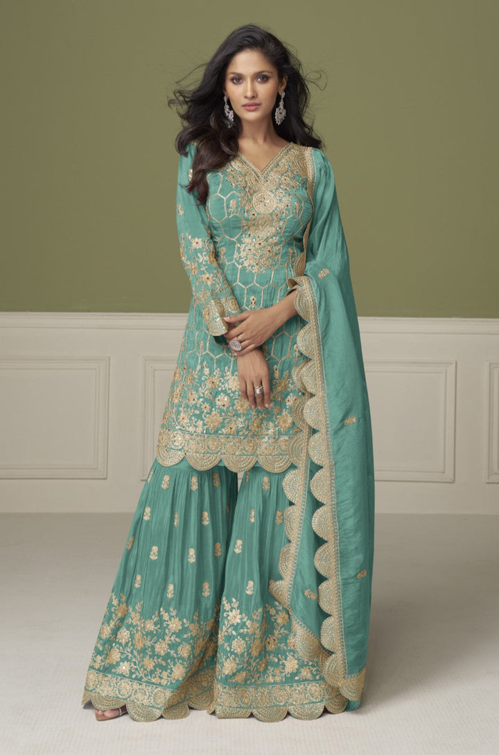 Imli Teal Full work gharara suit set
