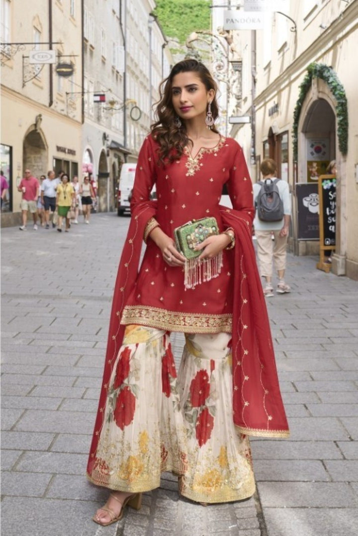 Gerua Scarlet heavy sharara set