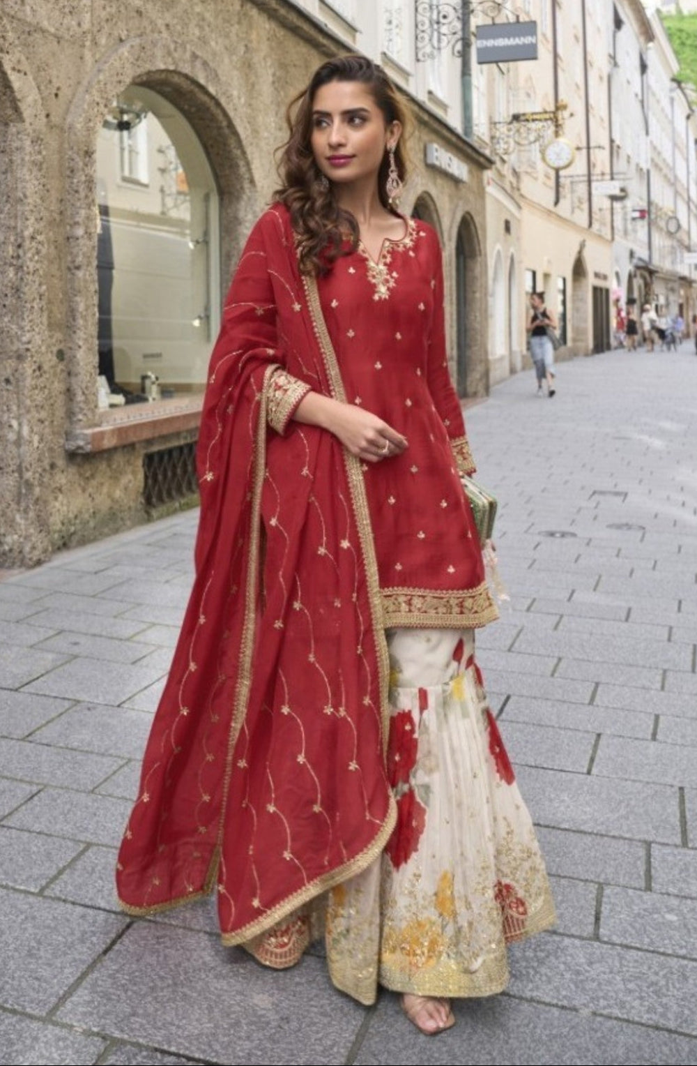 Gerua Scarlet heavy sharara set