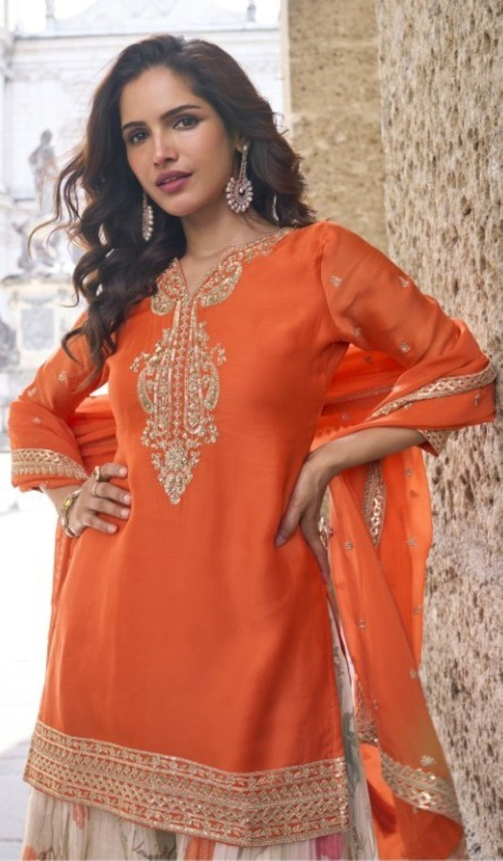 Gerua apricot full work sharara suit set