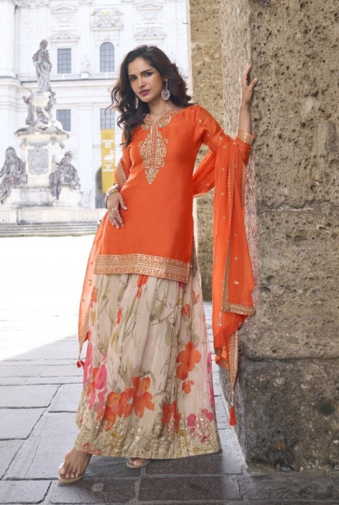 Gerua apricot full work sharara suit set
