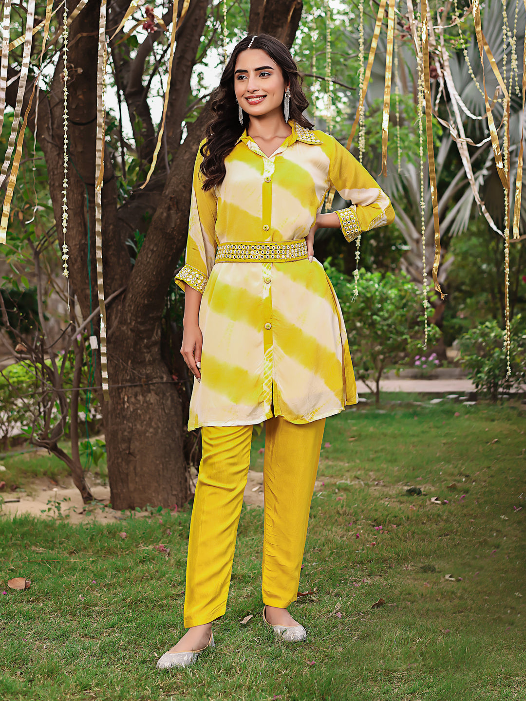 Rutuja Premium Yellow Muslin Co-Ord Set with Handwork Belt