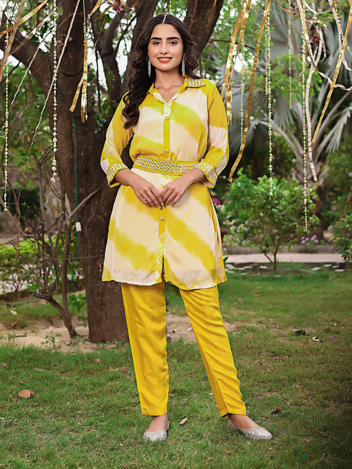 Rutuja Premium Yellow Muslin Co-Ord Set with Handwork Belt