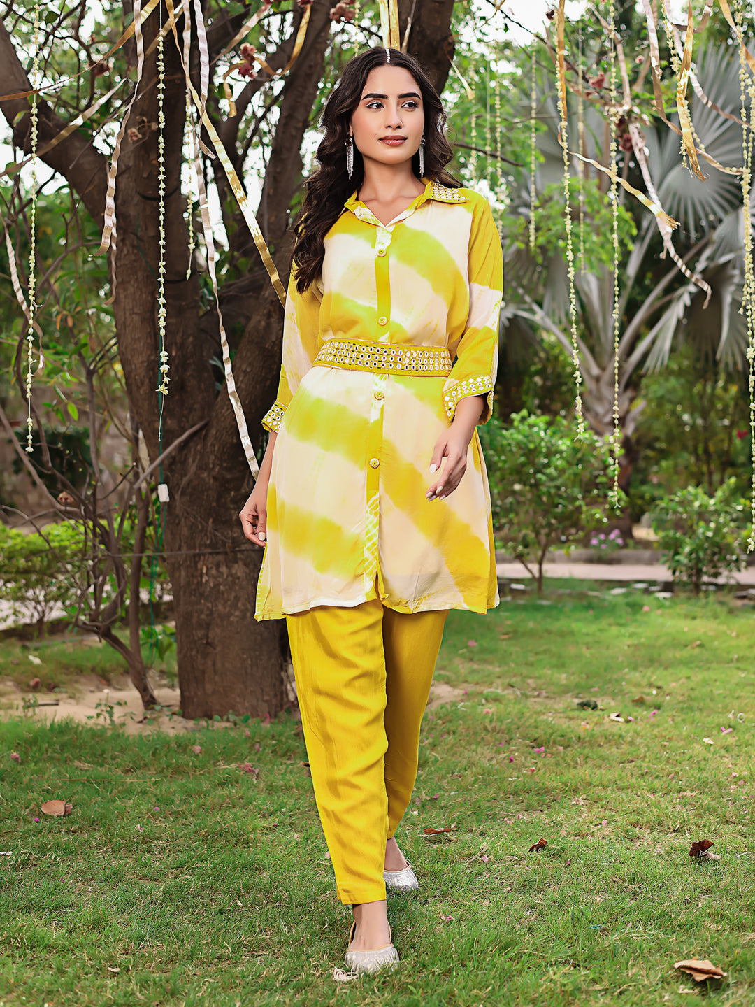 Rutuja Premium Yellow Muslin Co-Ord Set with Handwork Belt