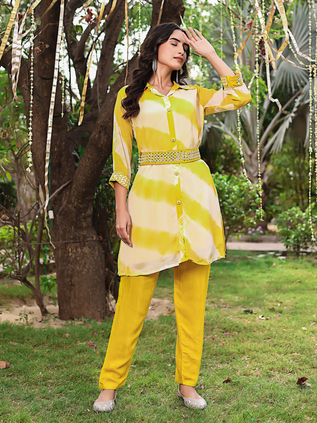 Rutuja Premium Yellow Muslin Co-Ord Set with Handwork Belt