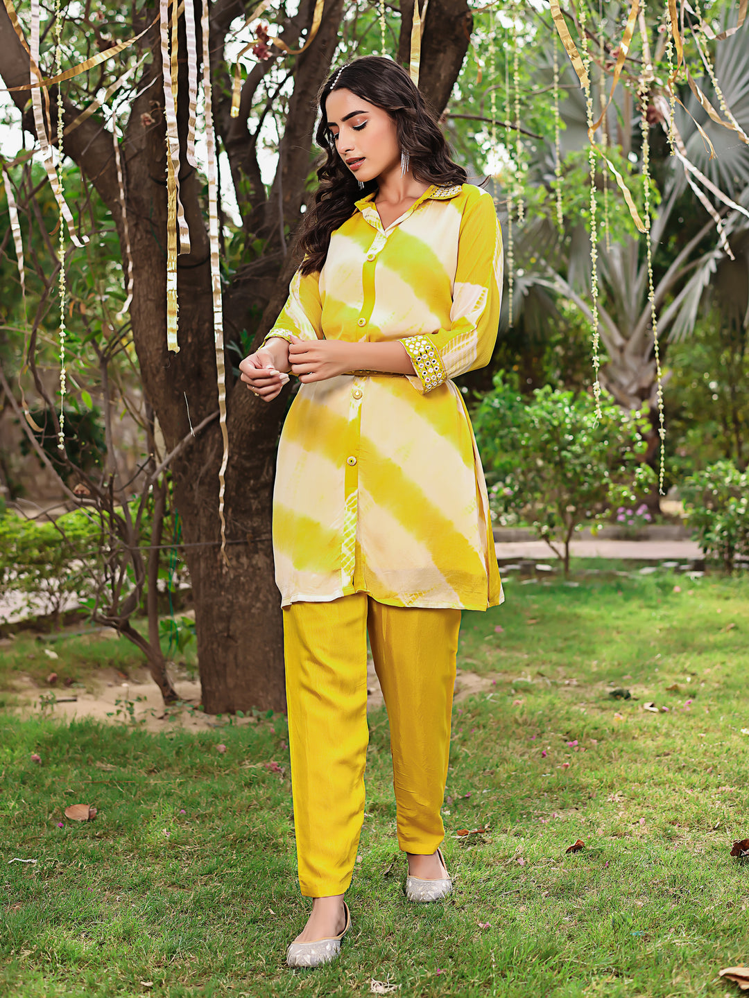 Rutuja Premium Yellow Muslin Co-Ord Set with Handwork Belt