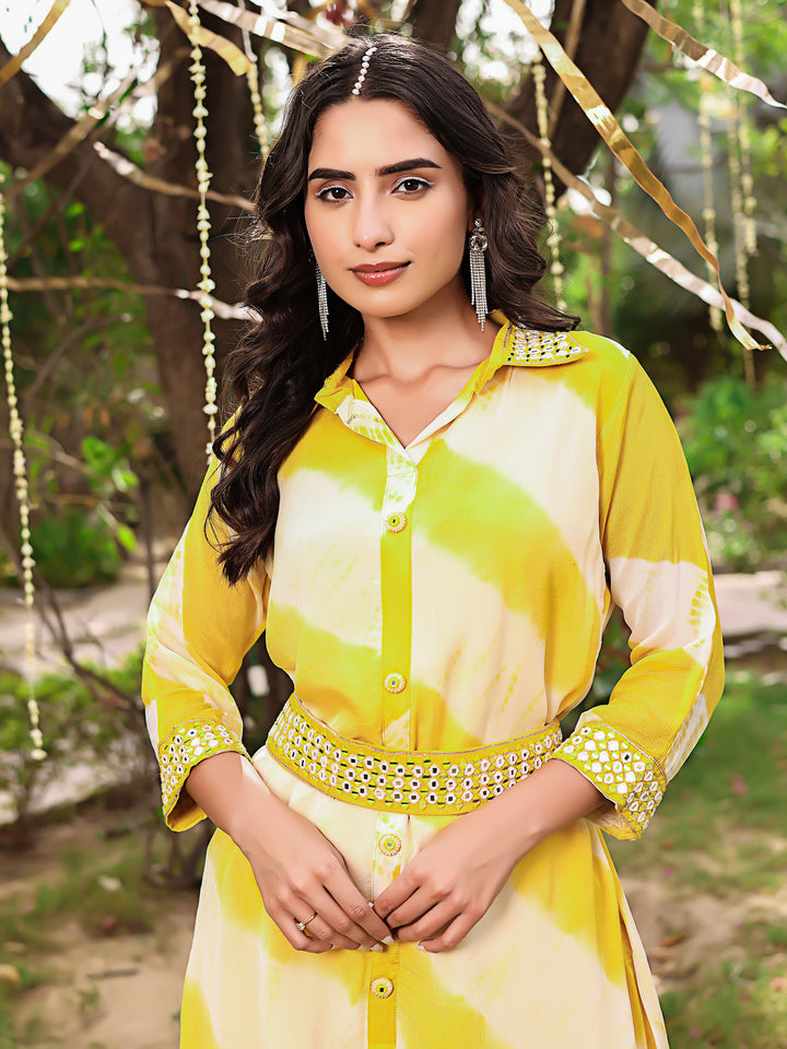 Rutuja Premium Yellow Muslin Co-Ord Set with Handwork Belt