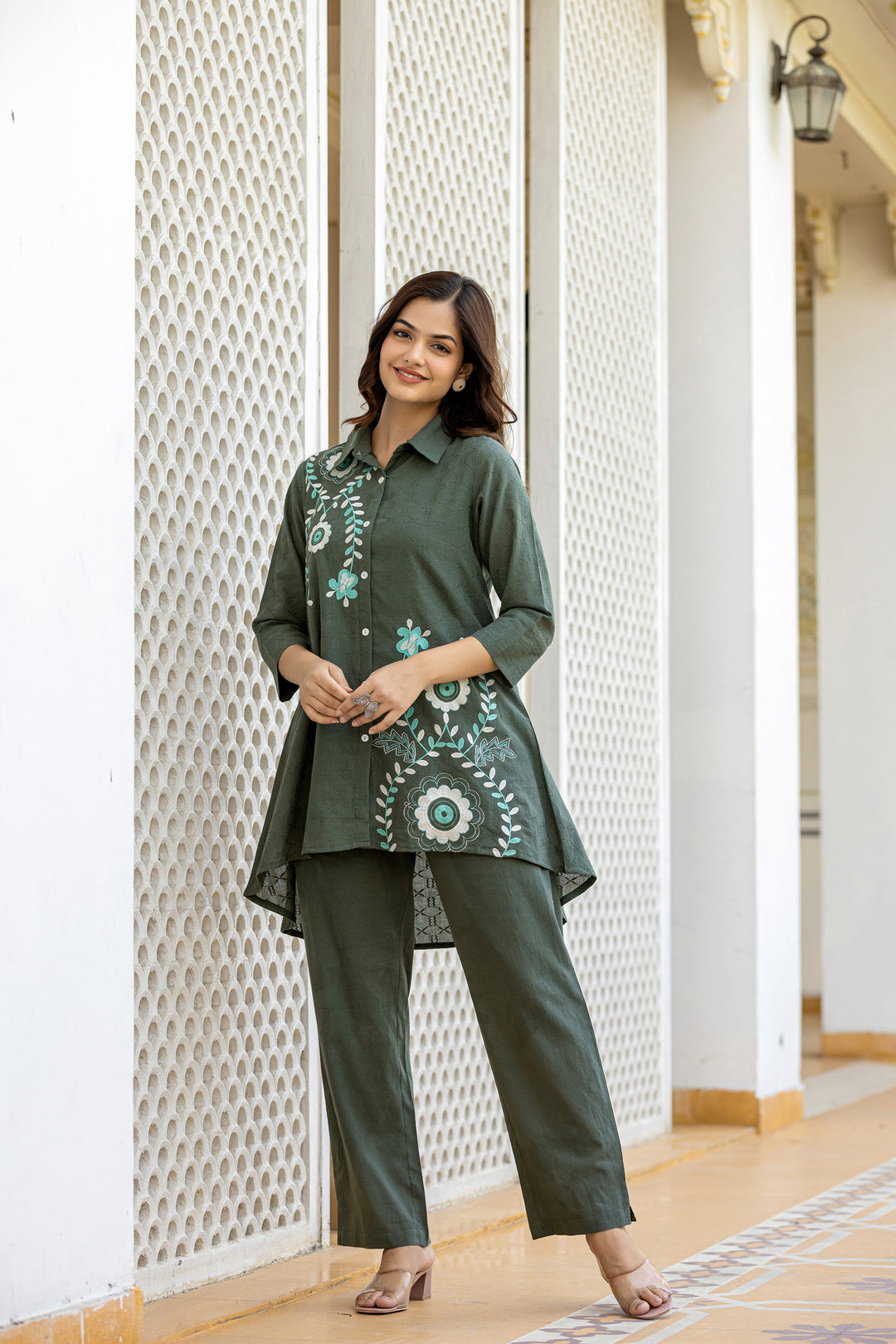 Teresa Olive Embroidery Cotton Co-ord Set