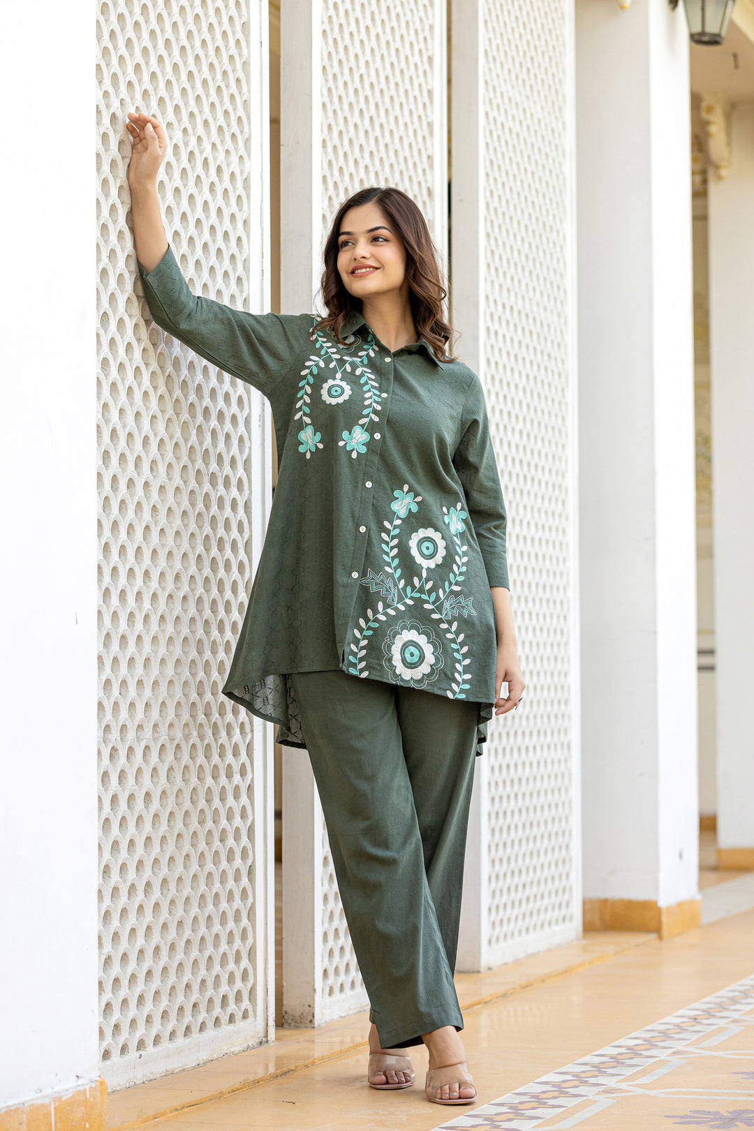 Teresa Olive Embroidery Cotton Co-ord Set