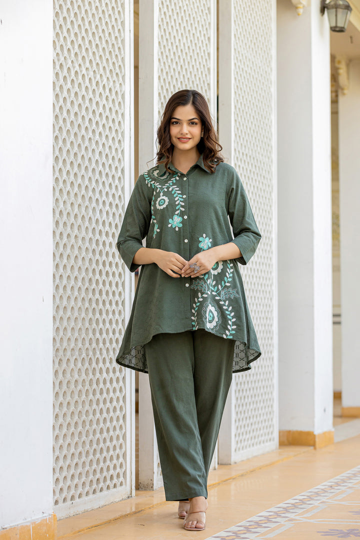 Teresa Olive Embroidery Cotton Co-ord Set