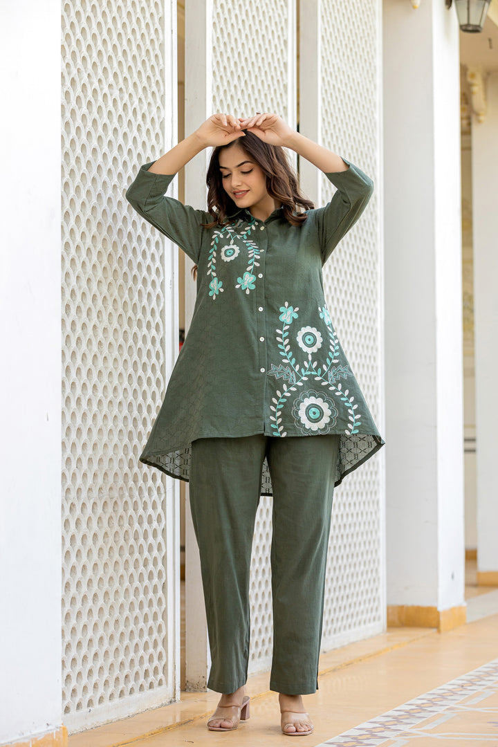 Teresa Olive Embroidery Cotton Co-ord Set