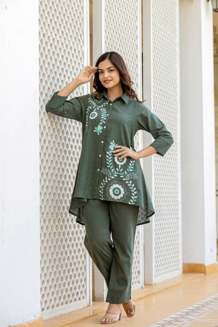 Teresa Olive Embroidery Cotton Co-ord Set