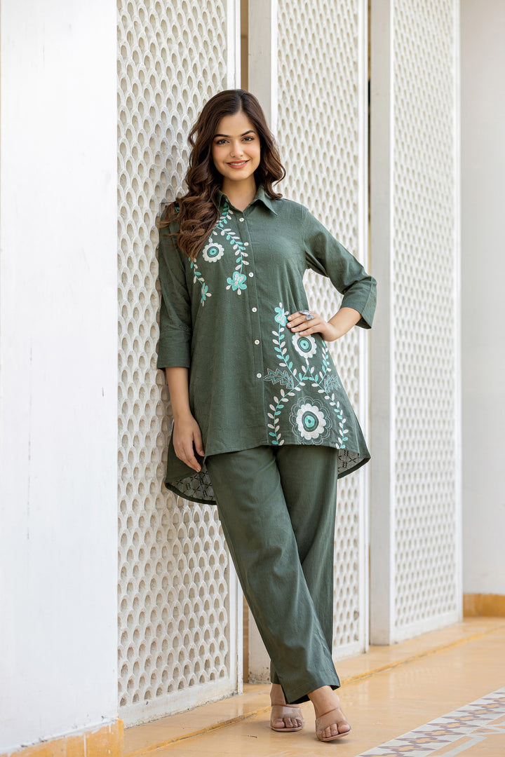 Teresa Olive Embroidery Cotton Co-ord Set