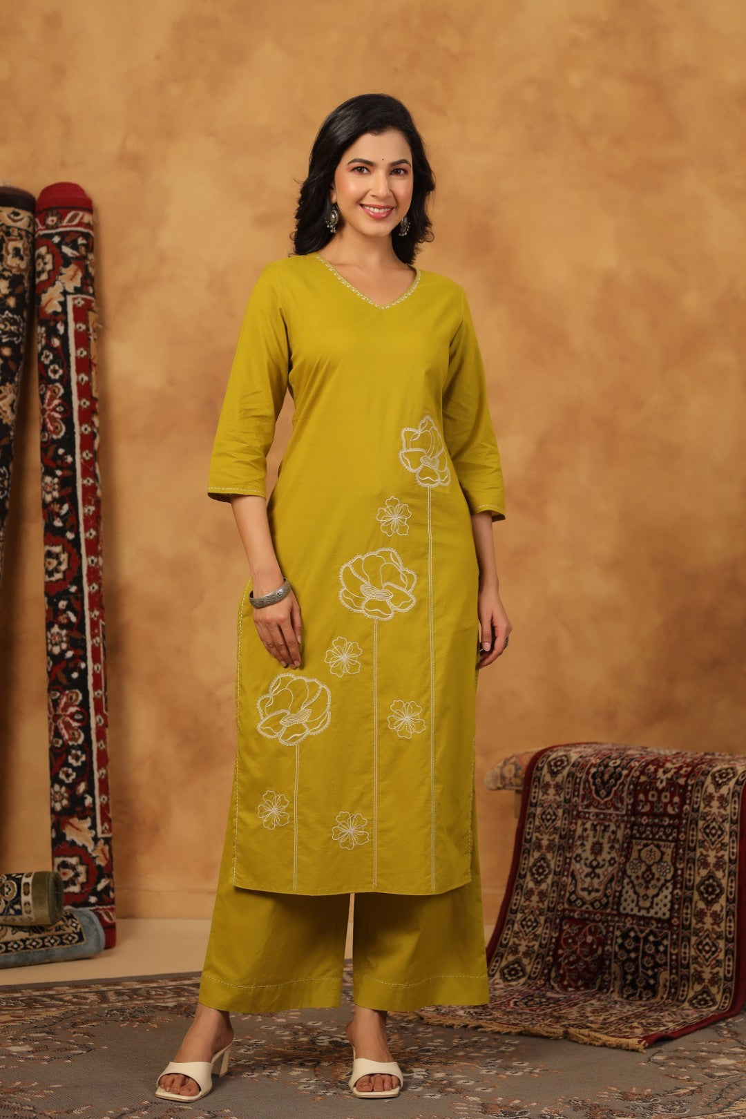 Ridhika Pear Cotton Embroidered Kurta Pant Set