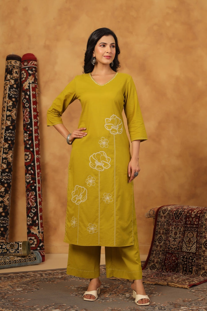 Ridhika Pear Cotton Embroidered Kurta Pant Set