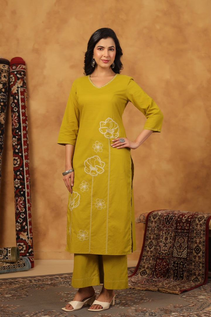Ridhika Pear Cotton Embroidered Kurta Pant Set