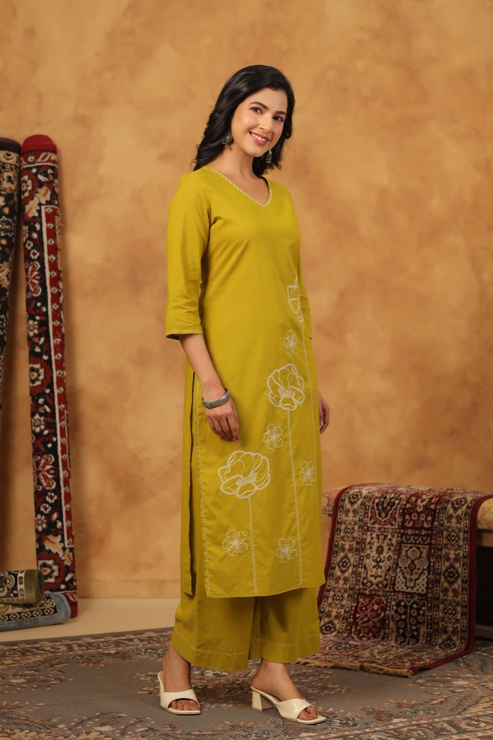Ridhika Pear Cotton Embroidered Kurta Pant Set