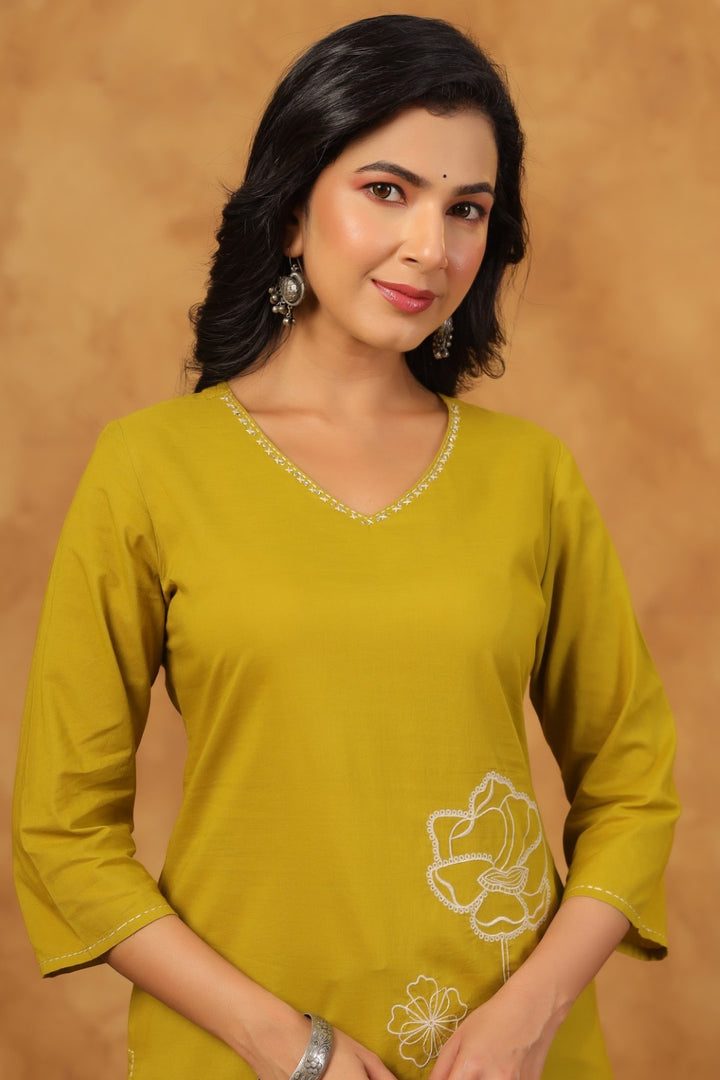 Ridhika Pear Cotton Embroidered Kurta Pant Set