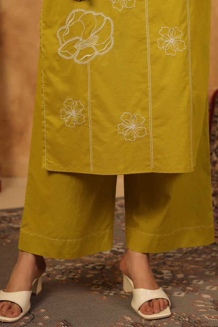 Ridhika Pear Cotton Embroidered Kurta Pant Set