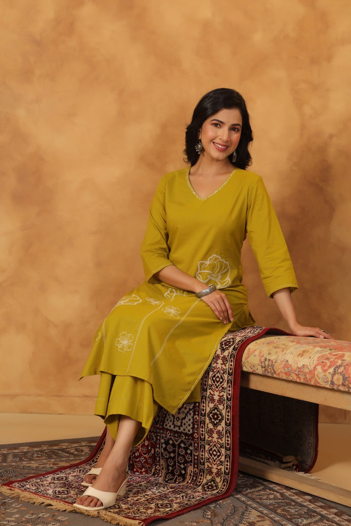 Ridhika Pear Cotton Embroidered Kurta Pant Set