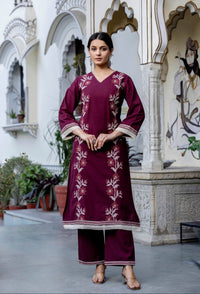 Samiha Mulberry Embroidered Cotton Kurta Pant Set