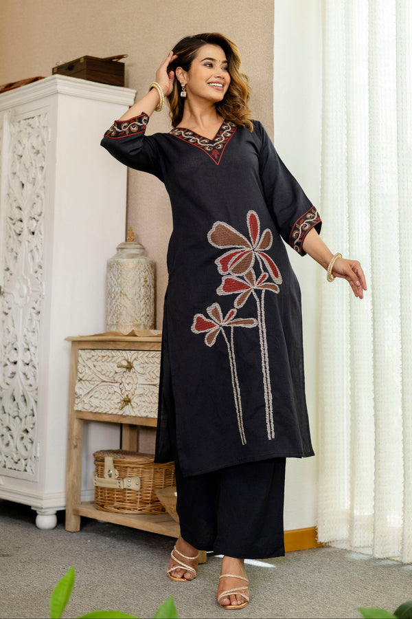 Samiha Raven embroidery cotton kurta pant set