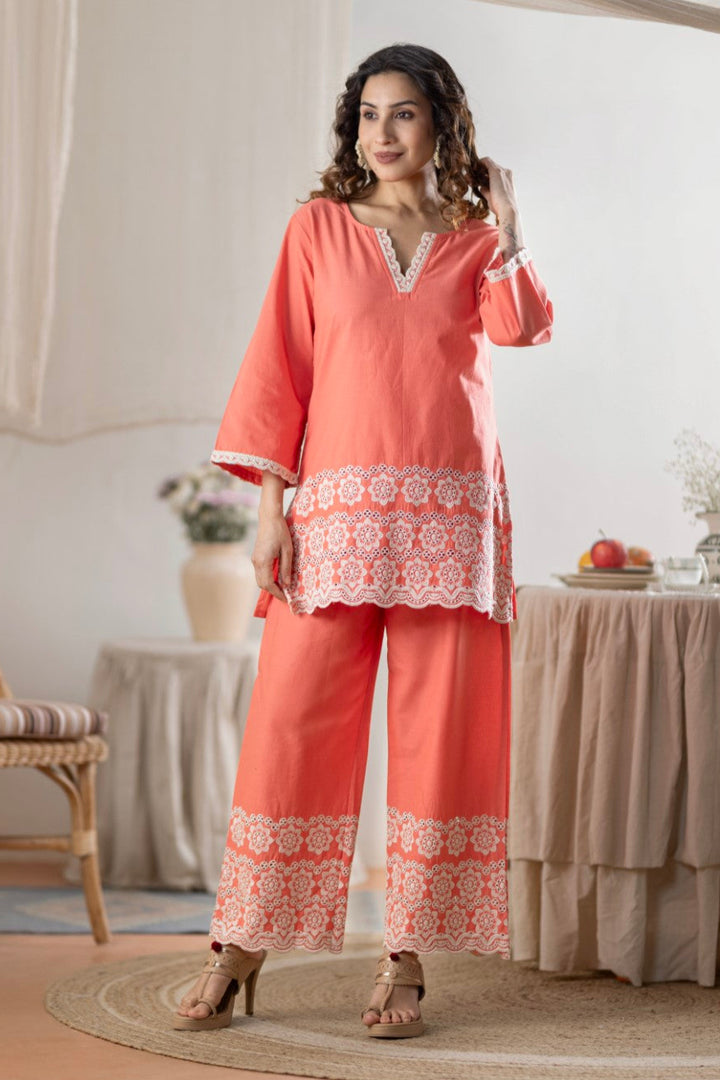 Sharad apricot Embroidery Co-ord set