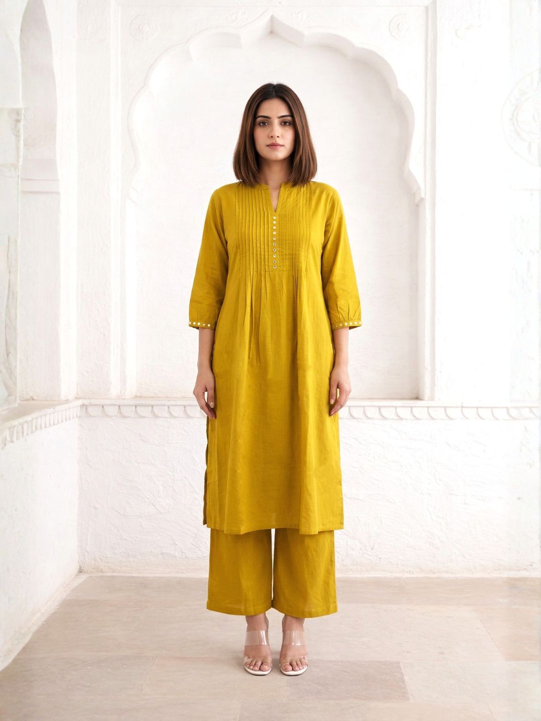 Sarika Gold Cotton Work Kurta Pant Set