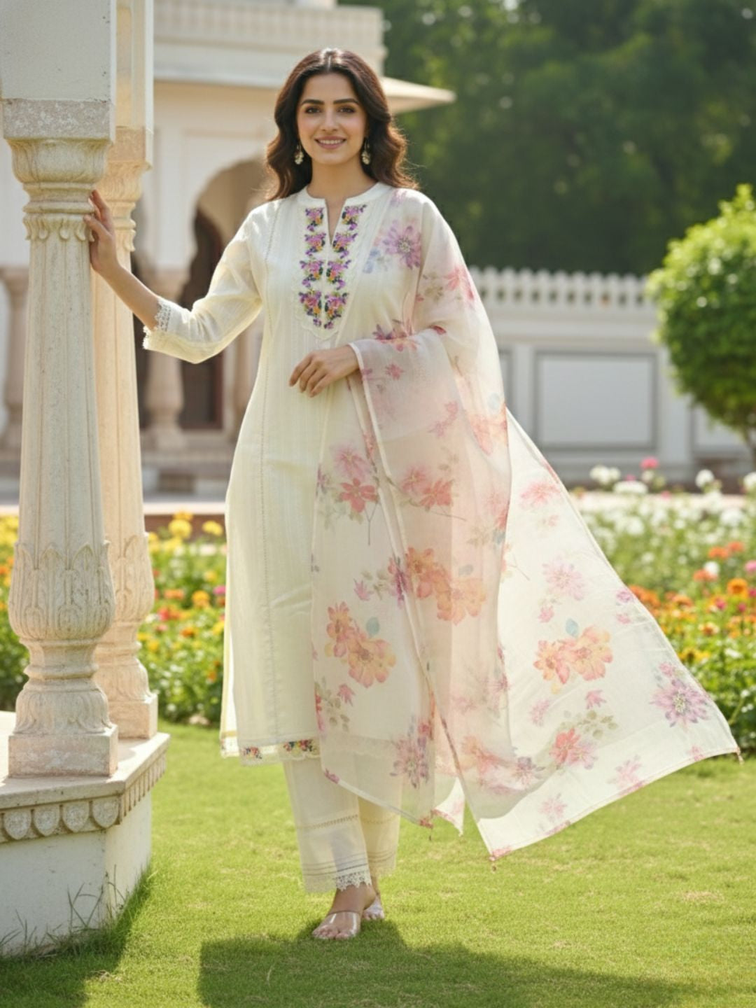 Shabnam Cream Full Work Suit Set with Floral Organza Dupatta