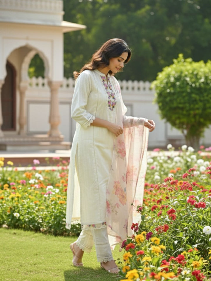 Shabnam Cream Full Work Suit Set with Floral Organza Dupatta