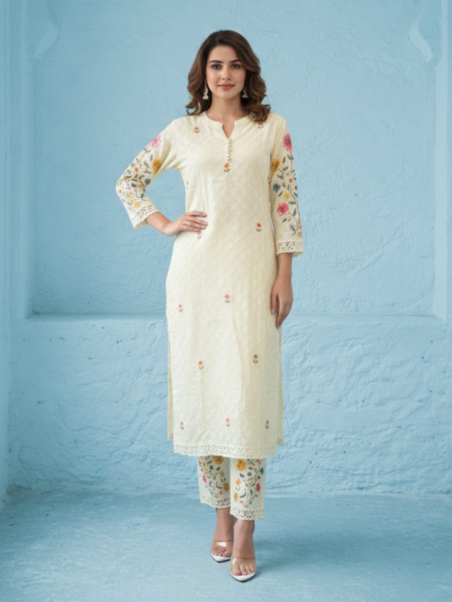 Kirti Mist Cotton Embroidered Suit Set