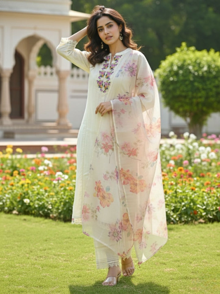 Shabnam Cream Full Work Suit Set with Floral Organza Dupatta