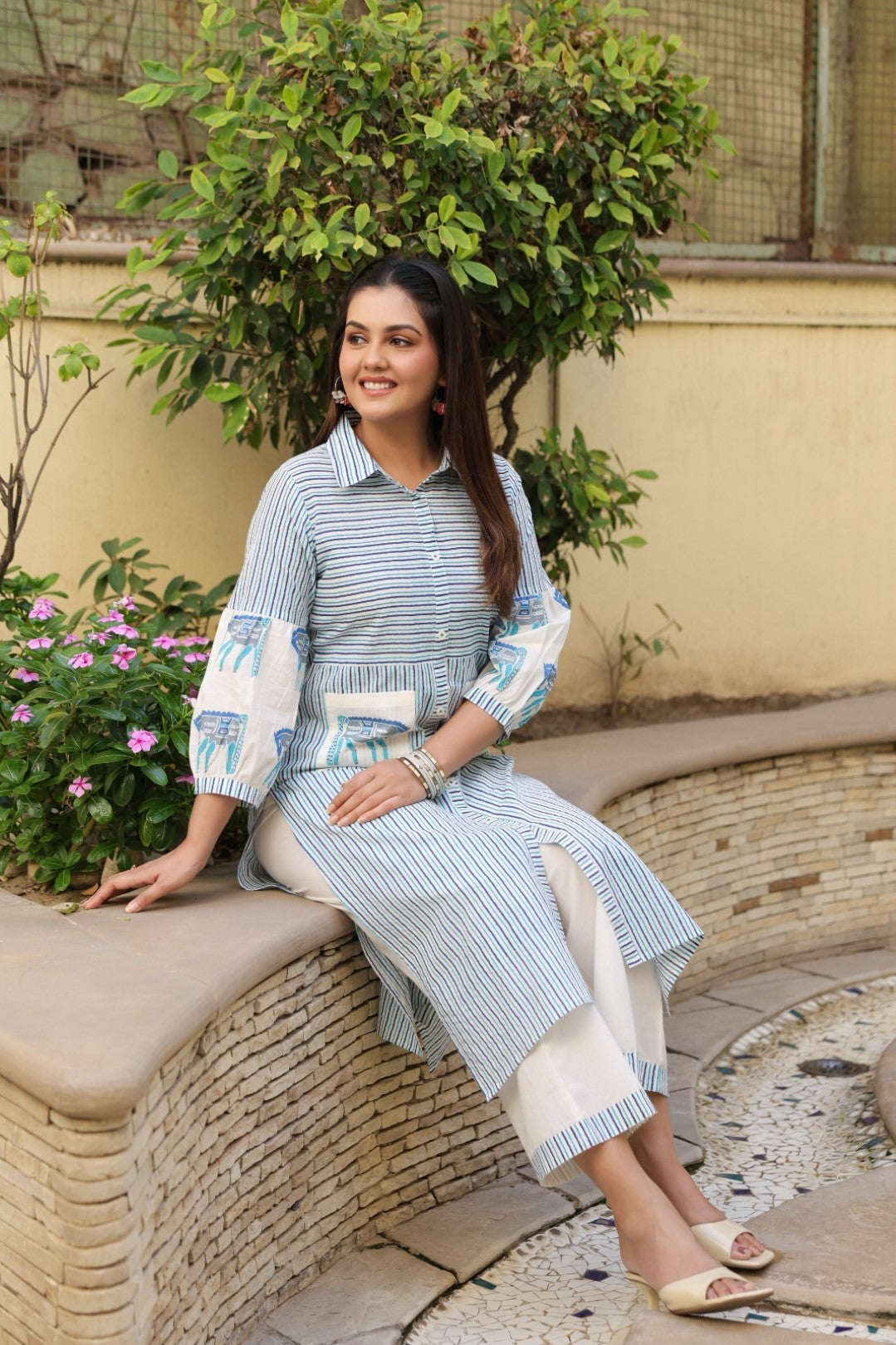 Dyna Azure Printed Stripe Kurta Pant Set