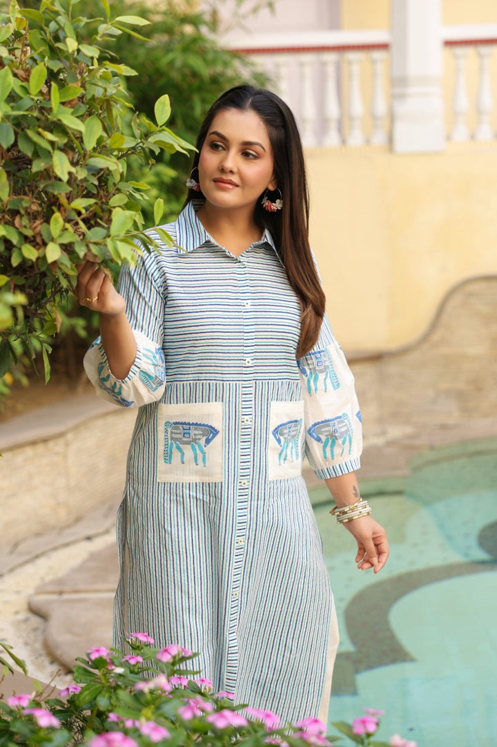 Dyna Azure Printed Stripe Kurta Pant Set