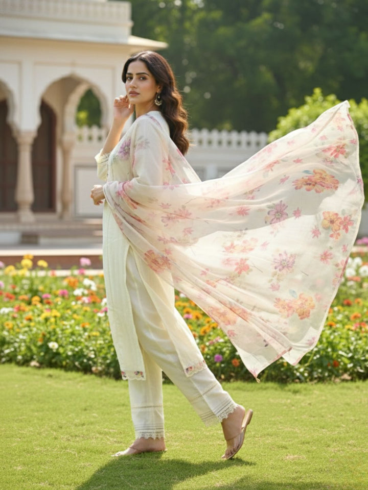 Shabnam Cream Full Work Suit Set with Floral Organza Dupatta