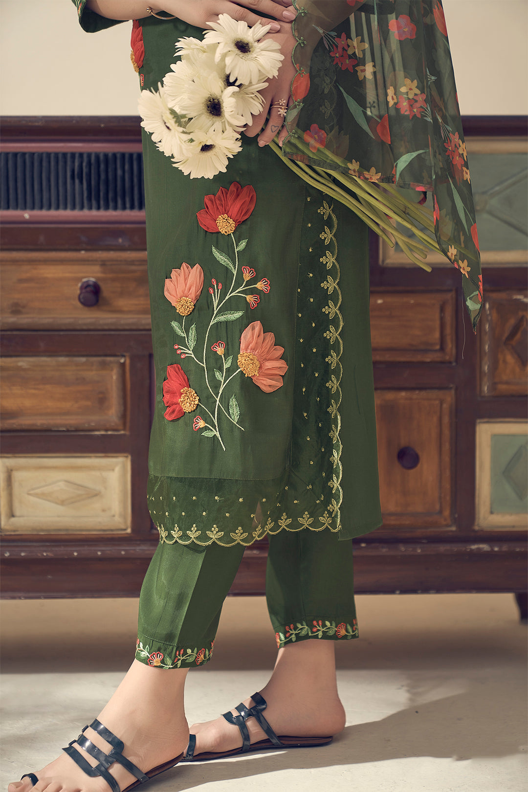 Mangala MossGreen Applique Embroidery Suit Set