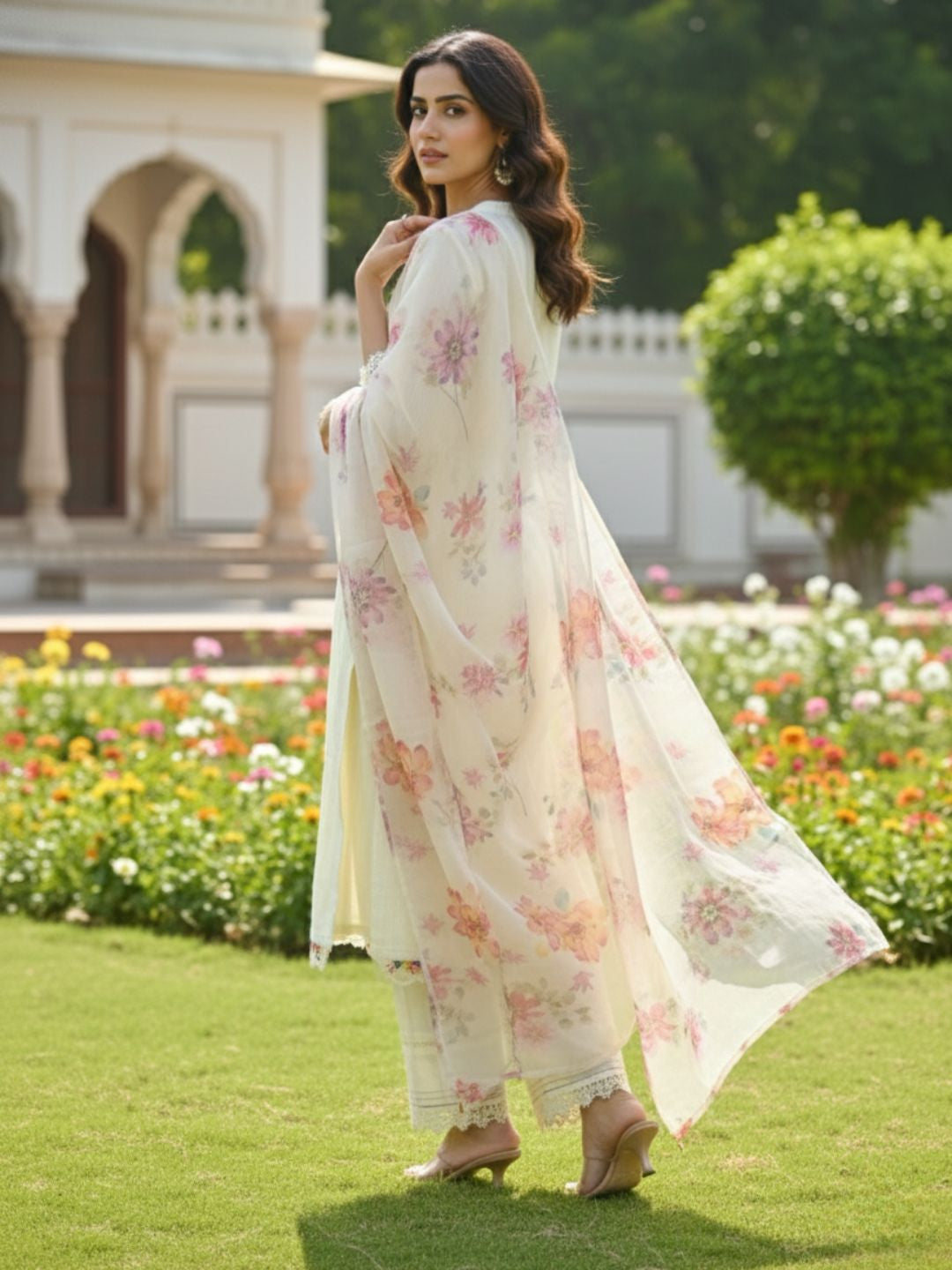 Shabnam Cream Full Work Suit Set with Floral Organza Dupatta