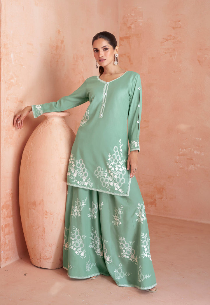 Aarushi Pine Embroidered Kurta Pallazo Set